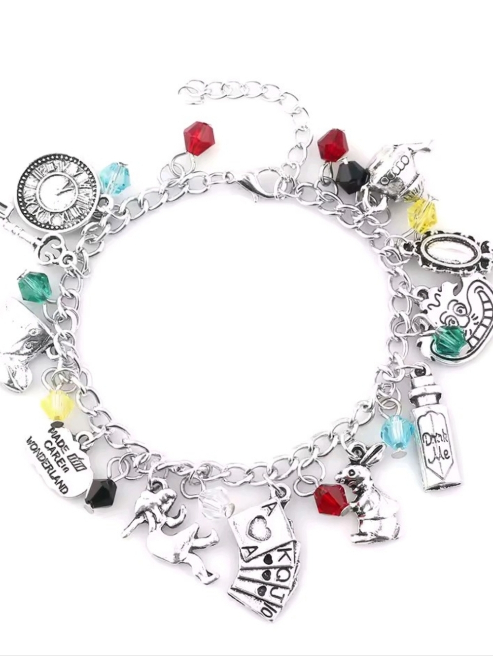 Alice in Wonderland Silver Charm Bracelet Mad Hatter Cheshire Cat